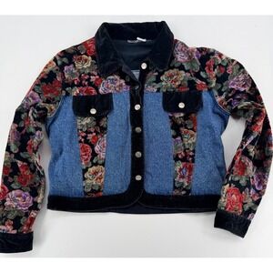 Vintage Zana Di Floral Denim Jacket Boho Tapestry Patchwork XL